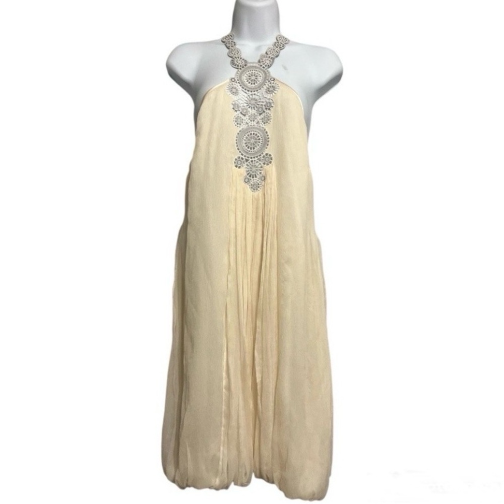 Catherine Malandrino Silk Halter Dress | Beaded Detail | Elegant Cream Maxi